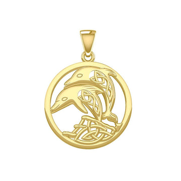 Celtic Jumping Double Dolphins Solid Gold Pendant GPD5700 - Jewelry